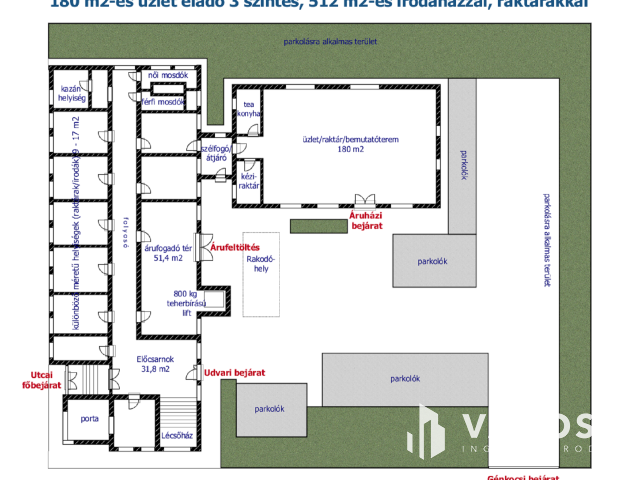 180 m2-es üzlet eladó 3 szintes irodaházzal, raktárakkal