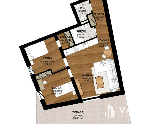 Nappali + 2 hálószobás, nagy teraszos, lakás (60+28,9 m²)